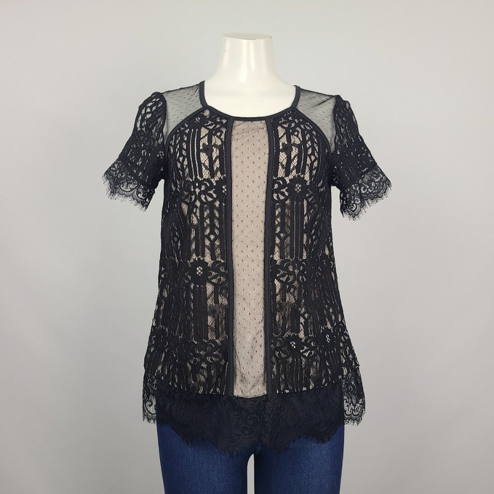 DEX Nude Black Lace Short Sleeve Top Size M